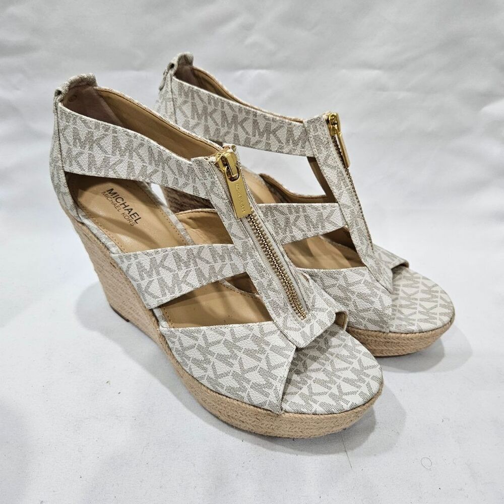 Michael Kors Damita MK Signature Espadrille Wedge Sandals Vanilla Zip Size 8M